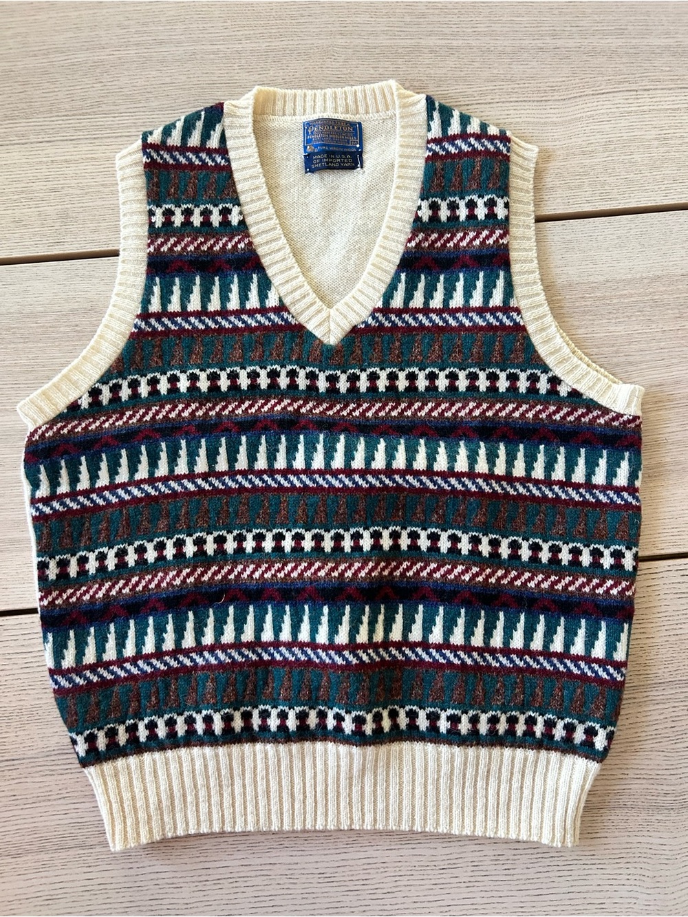 Pendleton Cream V-Neck Fair Isle Knit Vest with Green & Burgundy Accents